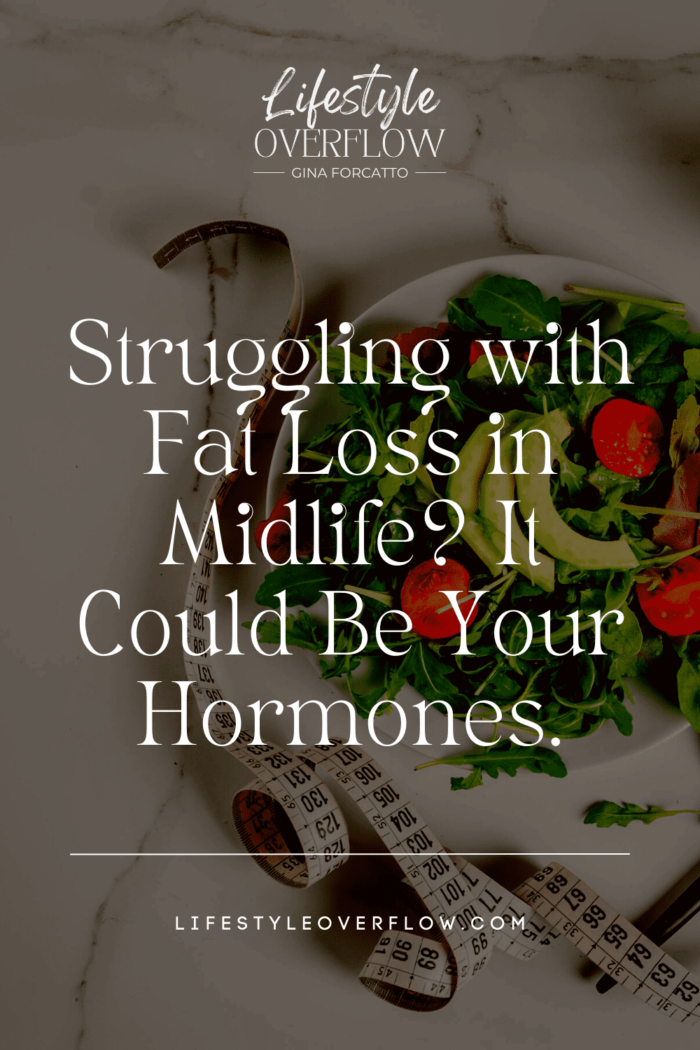darkened photo of a salad and measuring tape with white text: struggling with fat loss in midlife? It could be your hormones.
