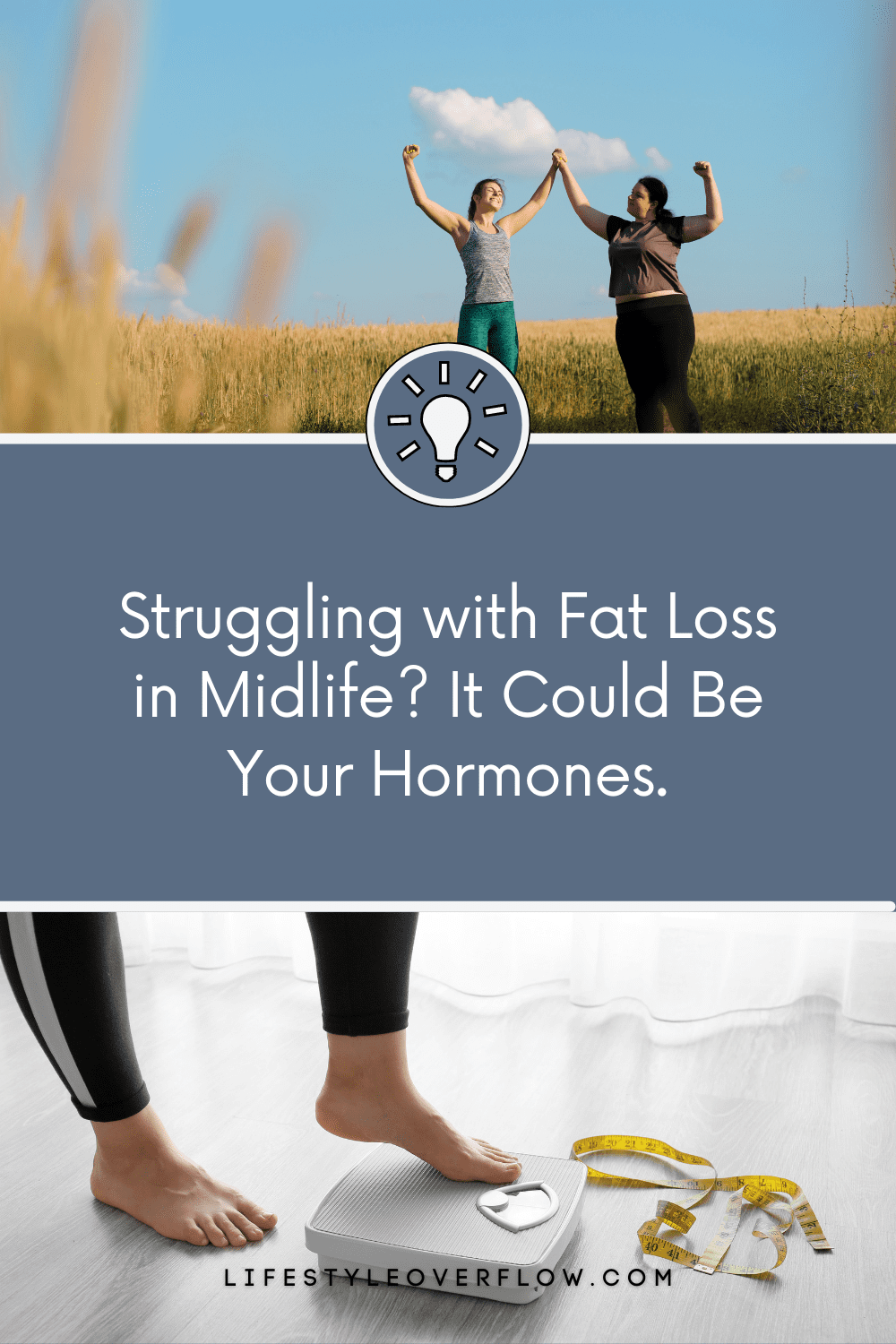 two photos; two women walking by a field; a woman standing on a scale. Blue box with text: struggling with fat loss in midlife? It could be your hormones.