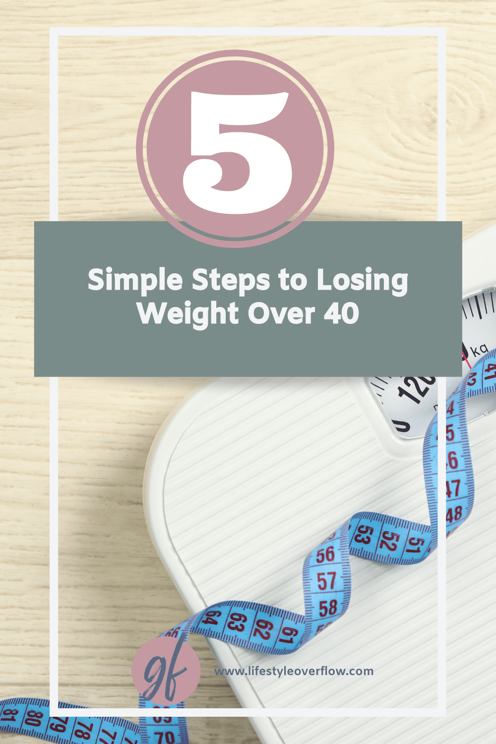 graphic with a photo of a scale and measuring tape | 5 Simple steps to losing weight over 40 | lifestyleoverflow.com